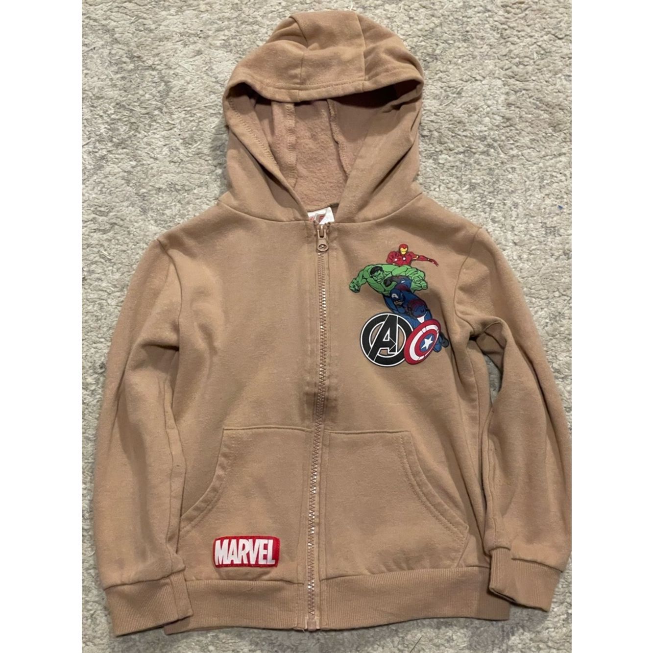 Marvel Avengers Kids Tan Hooded Zip-Up Sweatshirt & Metallic Accent (Size: 5)